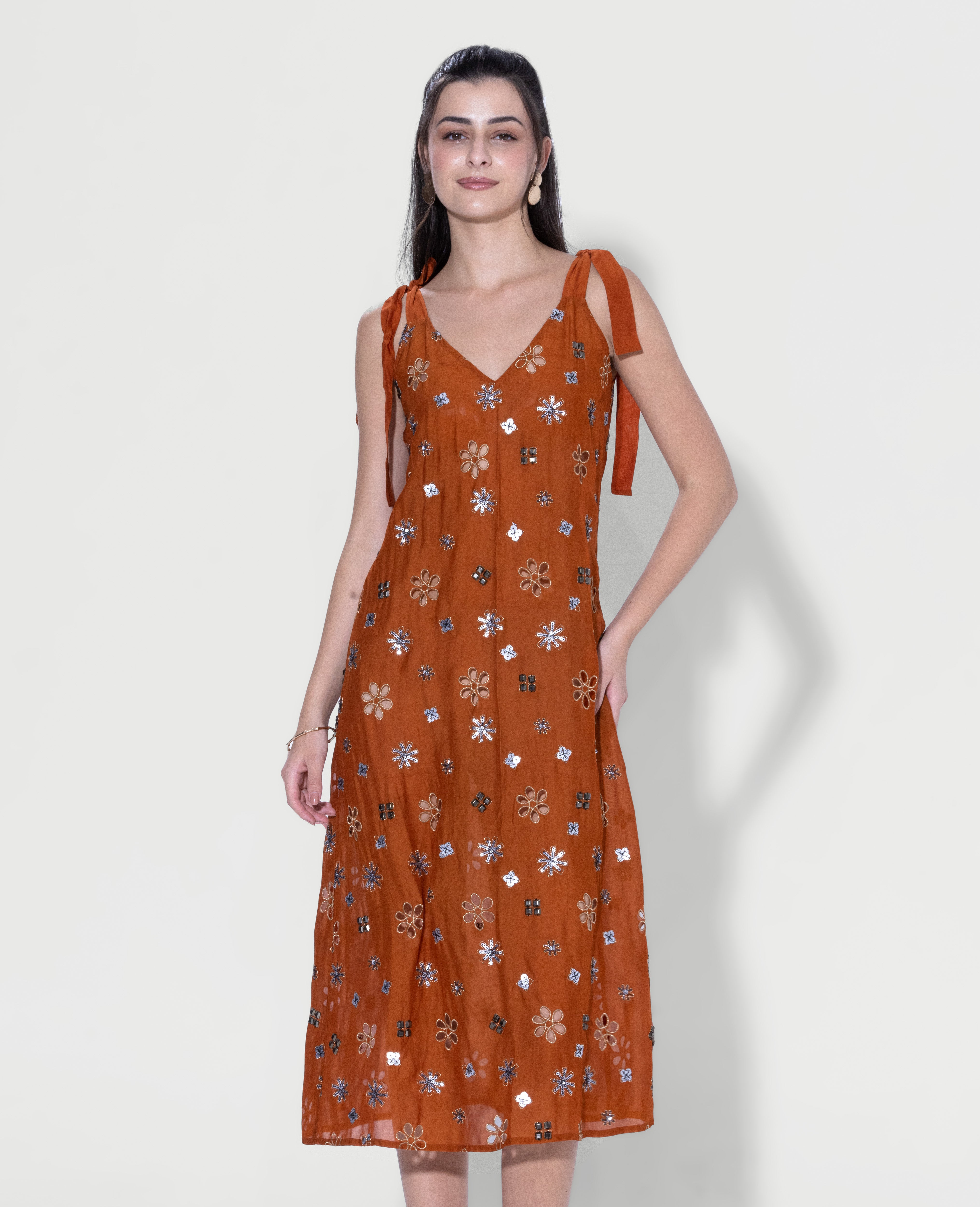 Tie-Shoulder Embellished Midi Dress