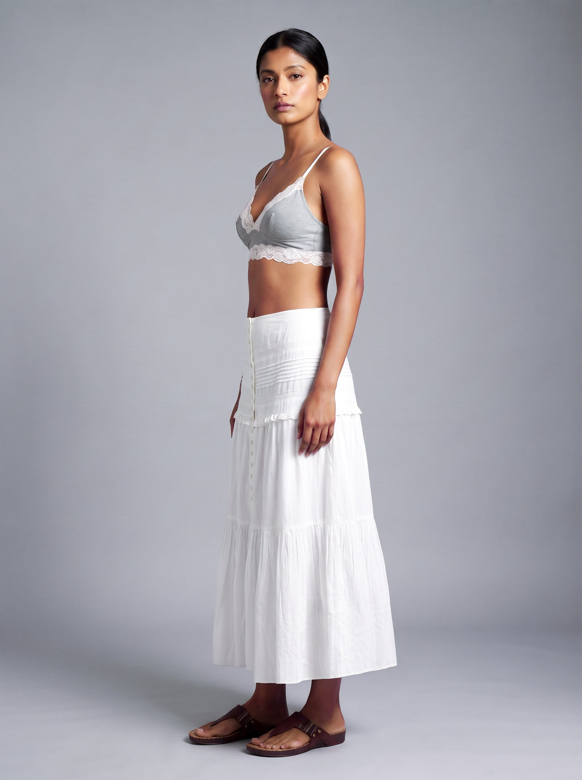 Lace-Trim Button-Front Skirt