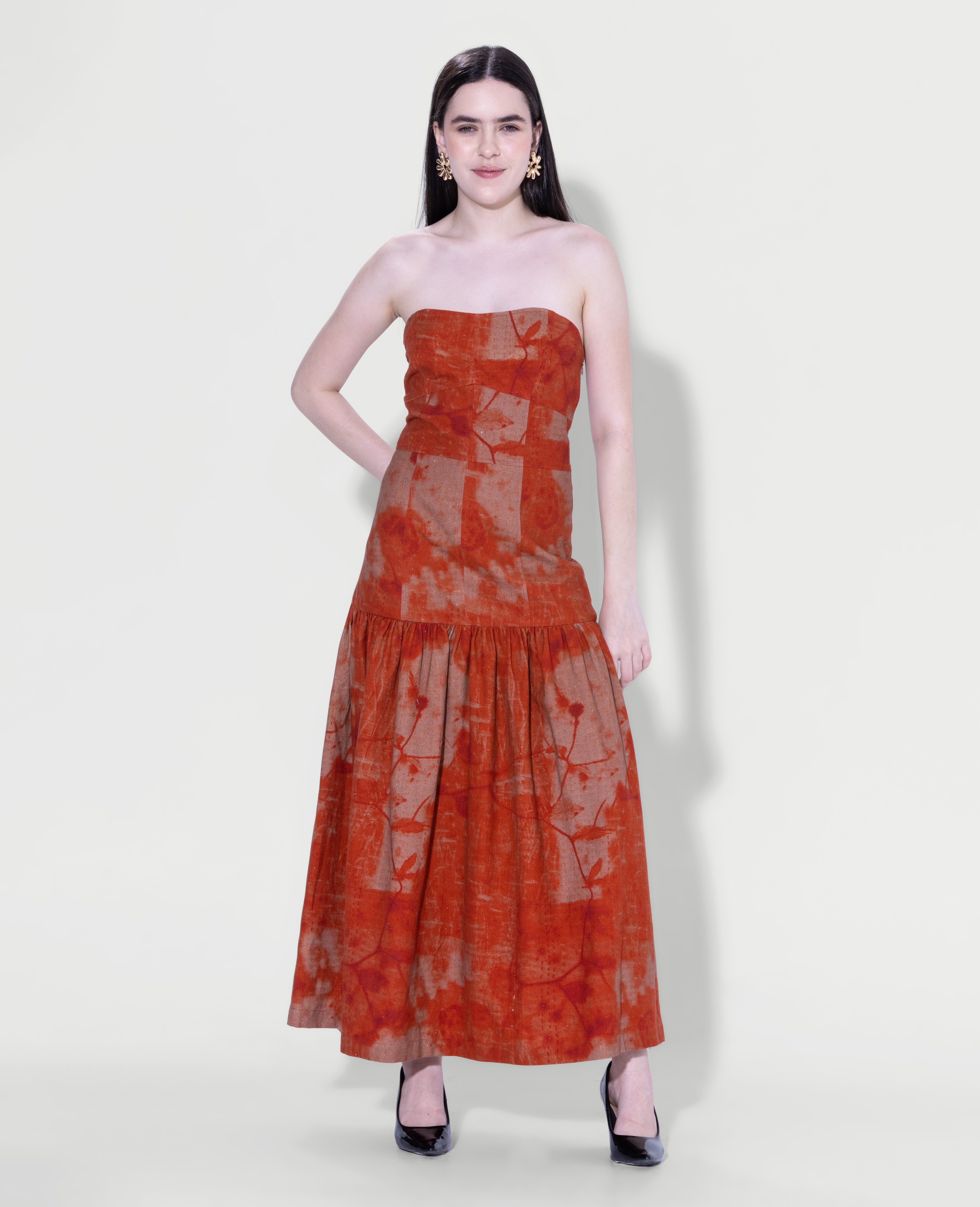 Strapless printed maxi dress