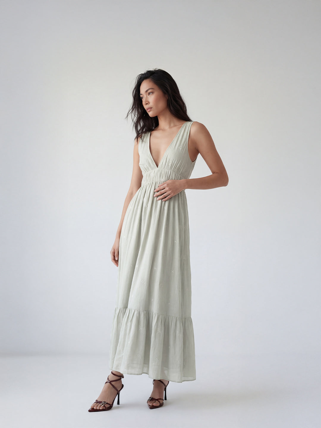 Plunging Embroidered Maxi Dress
