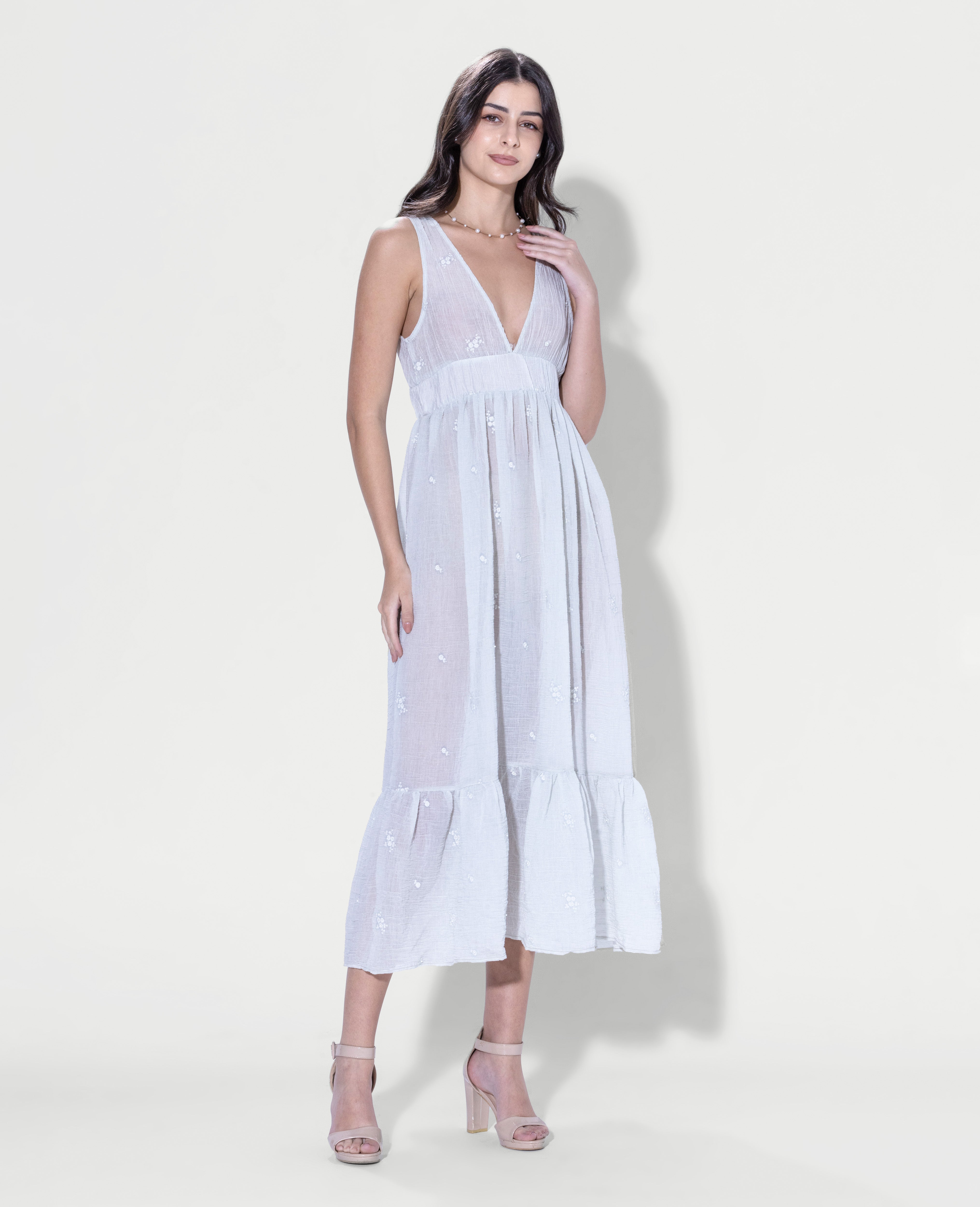 Plunging Embroidered Maxi Dress