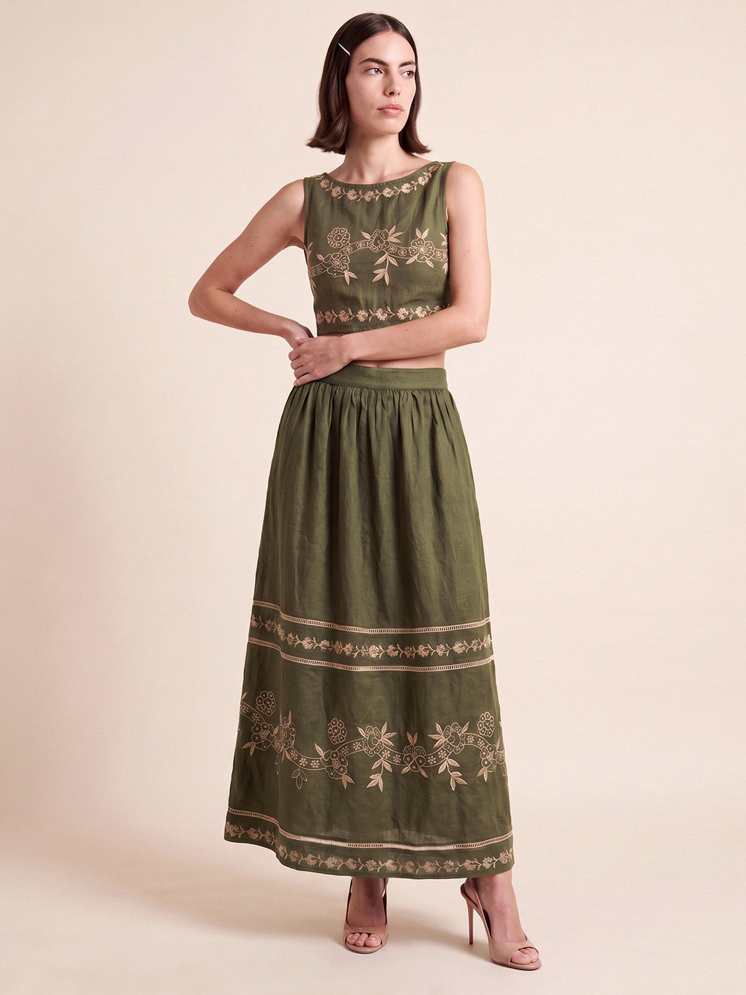Olive Floral Embroidered Skirt