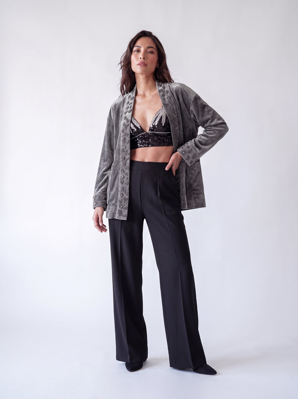 Slate Beaded Velvet Jacket