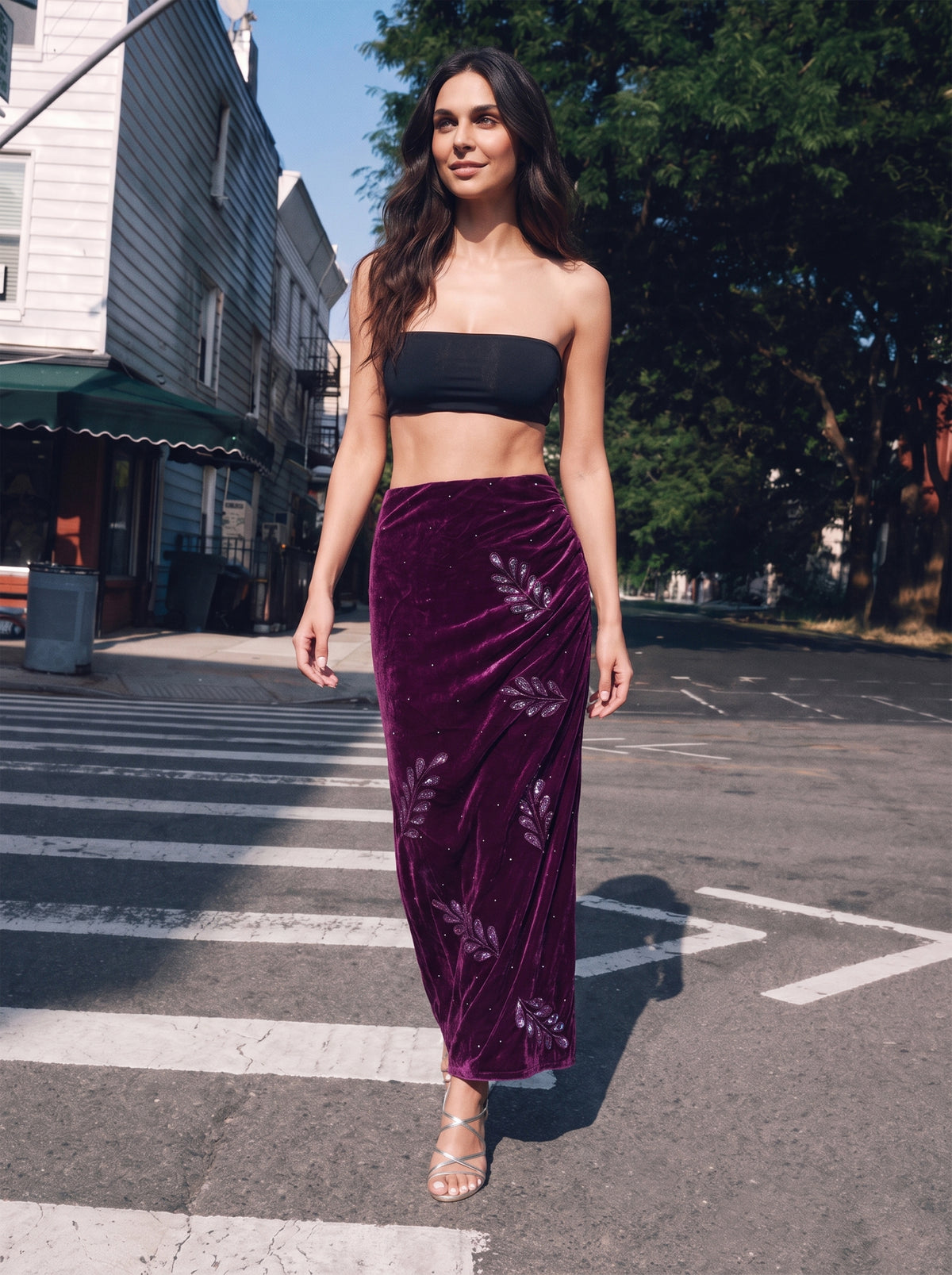 Embellished Velvet Draped Skirt