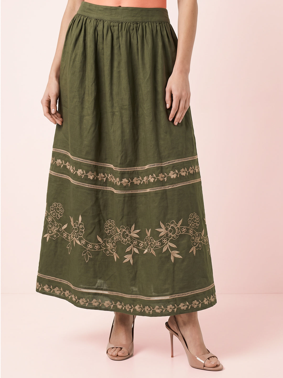 Olive Floral Embroidered Skirt