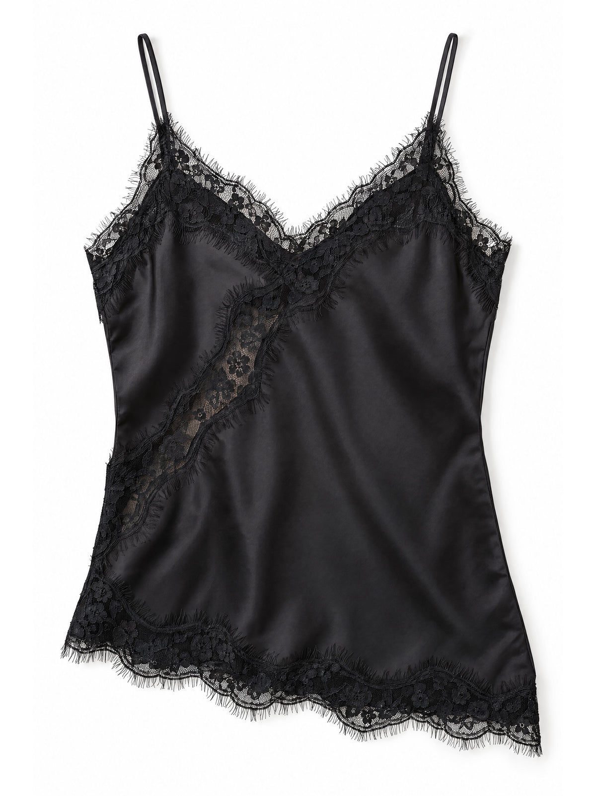 Lace-Trim Satin Cami Top (Black)