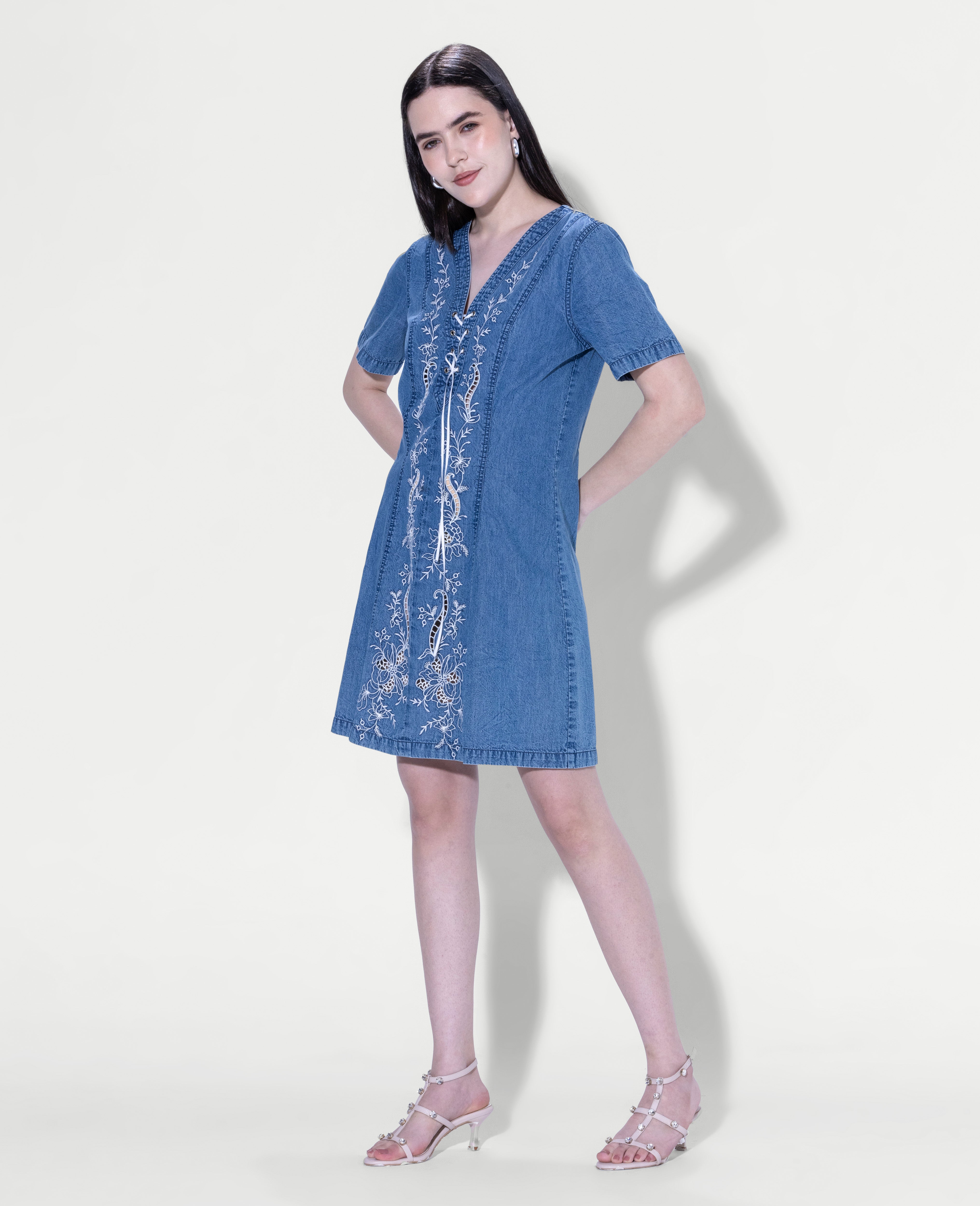 Embroidered lace-up dress