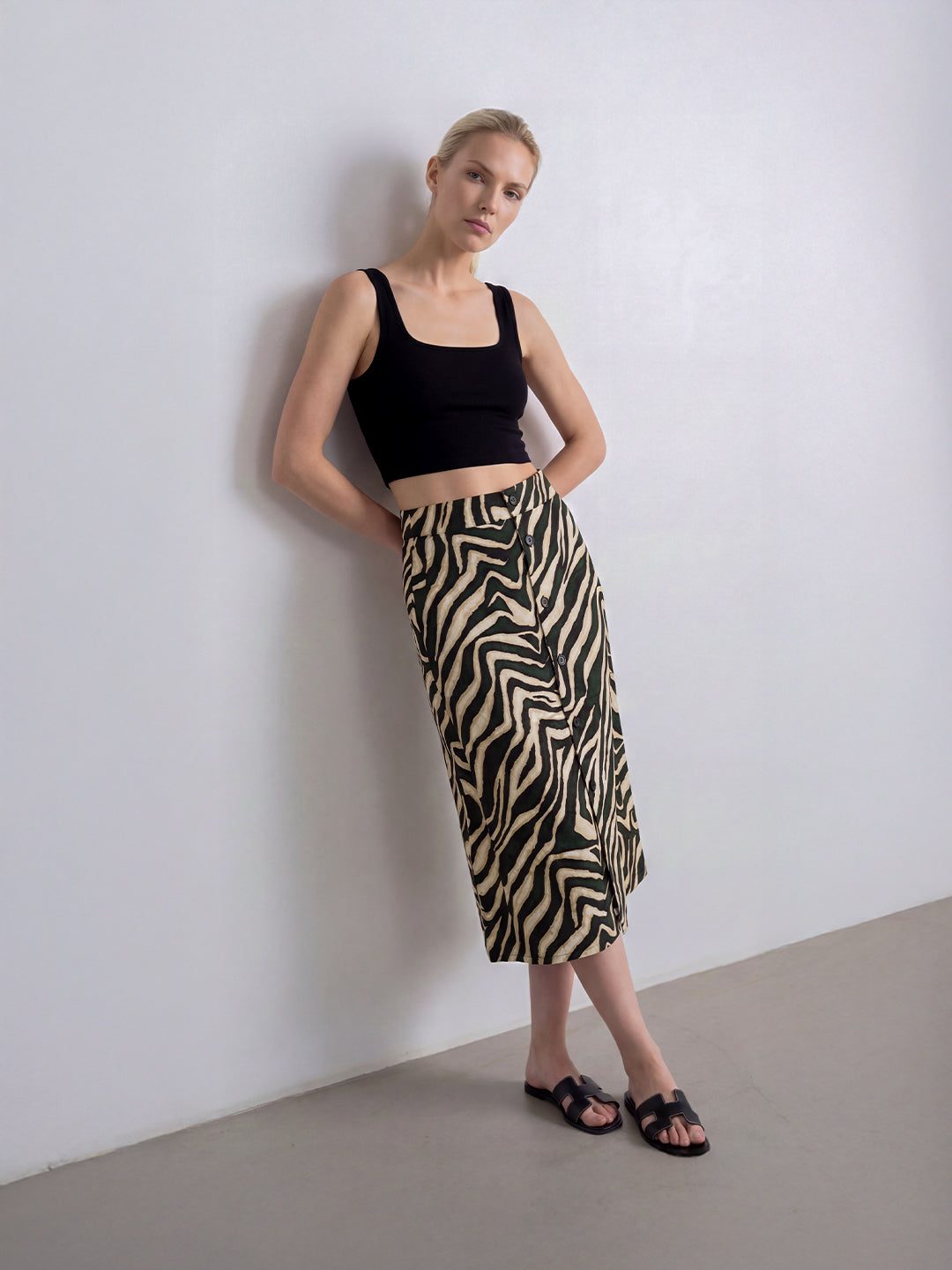 Button-Front Zebra Print Skirt