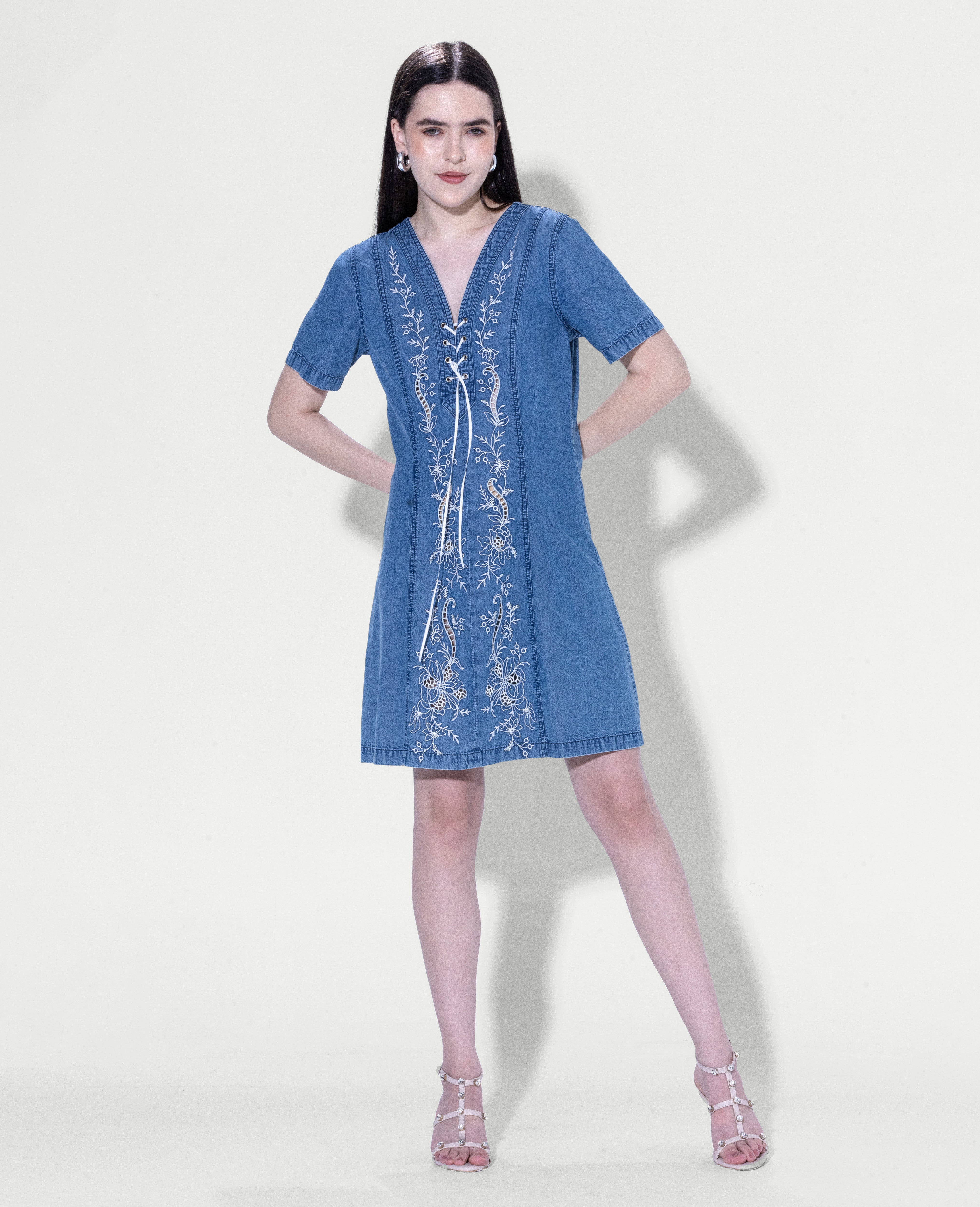 Embroidered lace-up dress