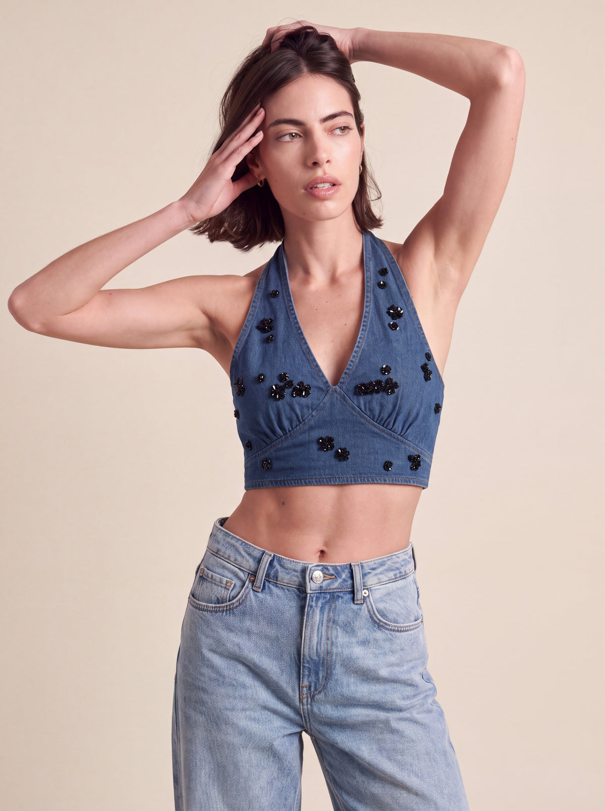 Embellished halter crop top