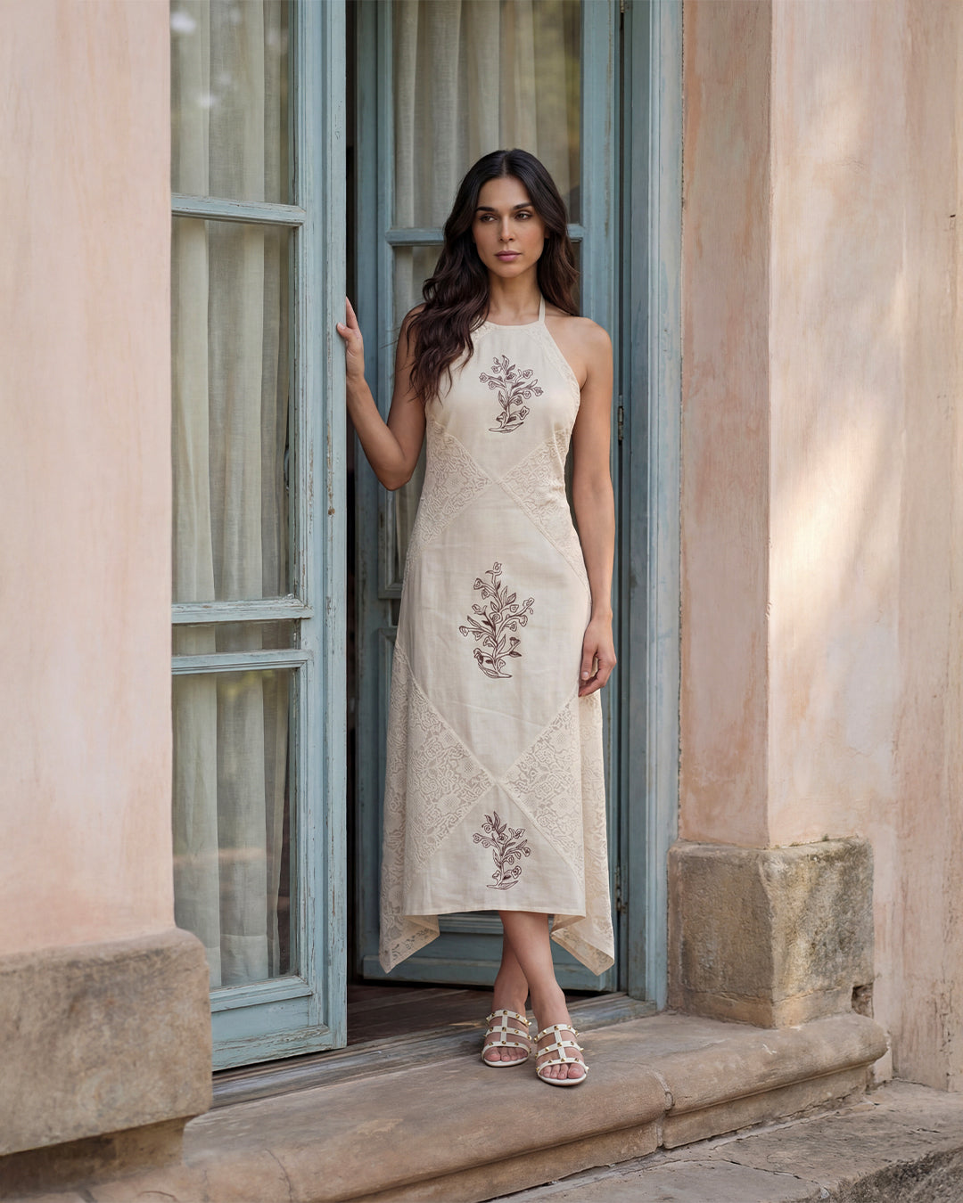 Lace Halter Embroidered Midi