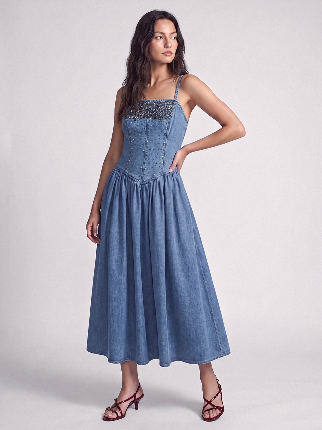 Midi dress with beaded bodice