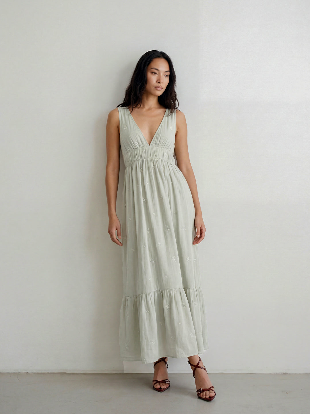 Plunging Embroidered Maxi Dress