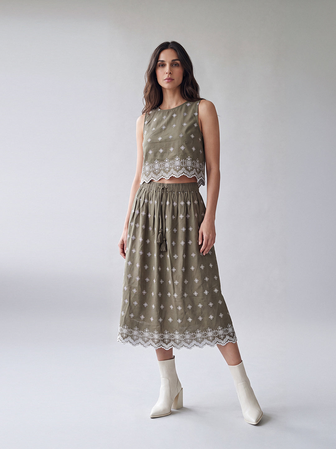 Olive Bloom Embroidered Skirt