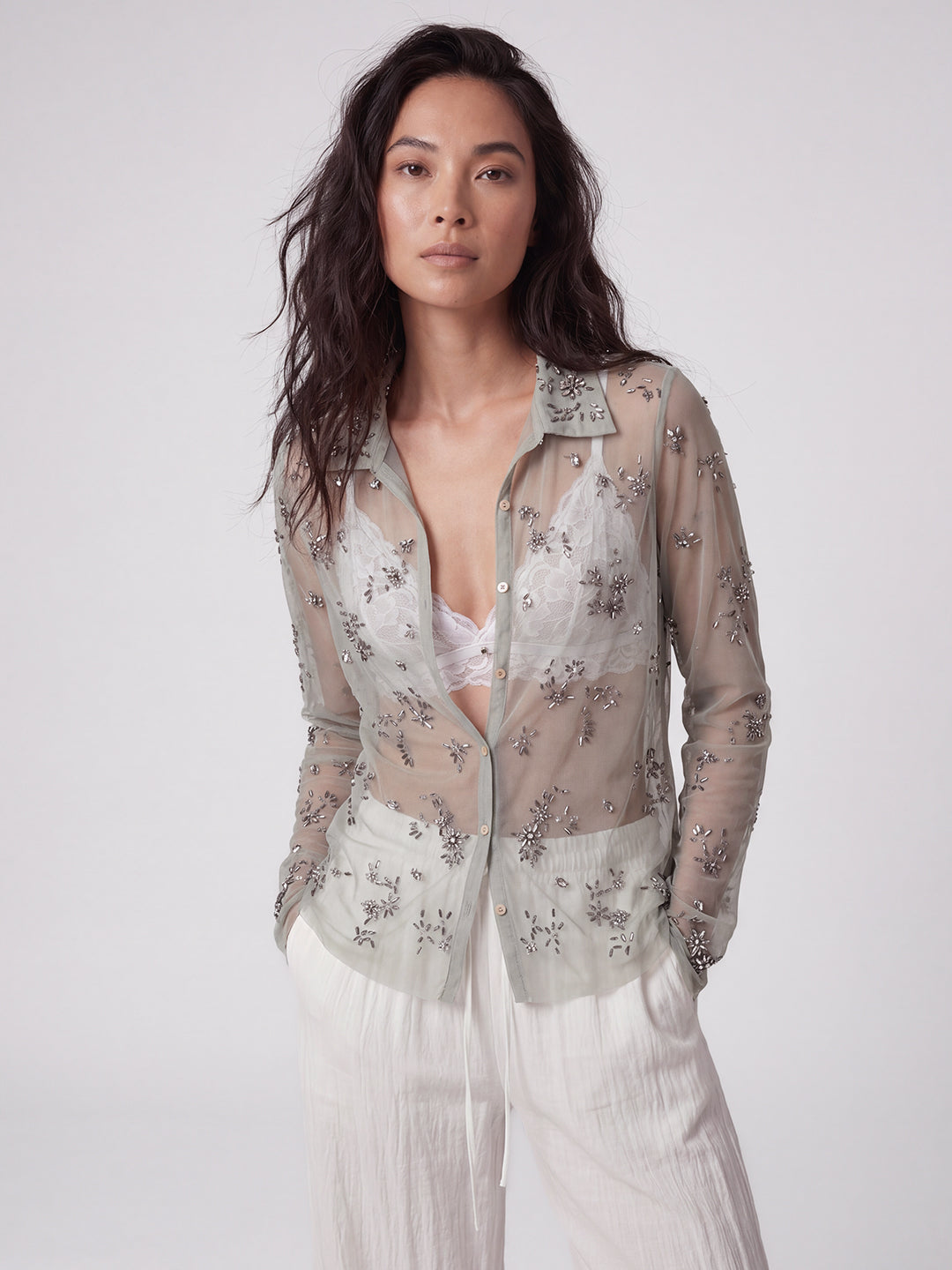 Night-Sky Embellished Mesh Shirt