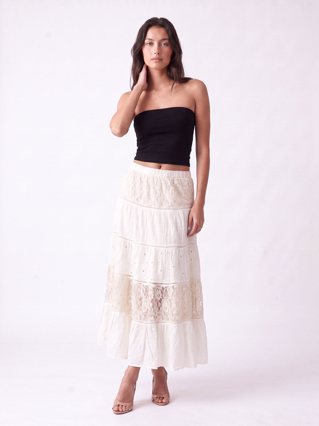 Vintage Cream Lace Tiered Maxi Skirt