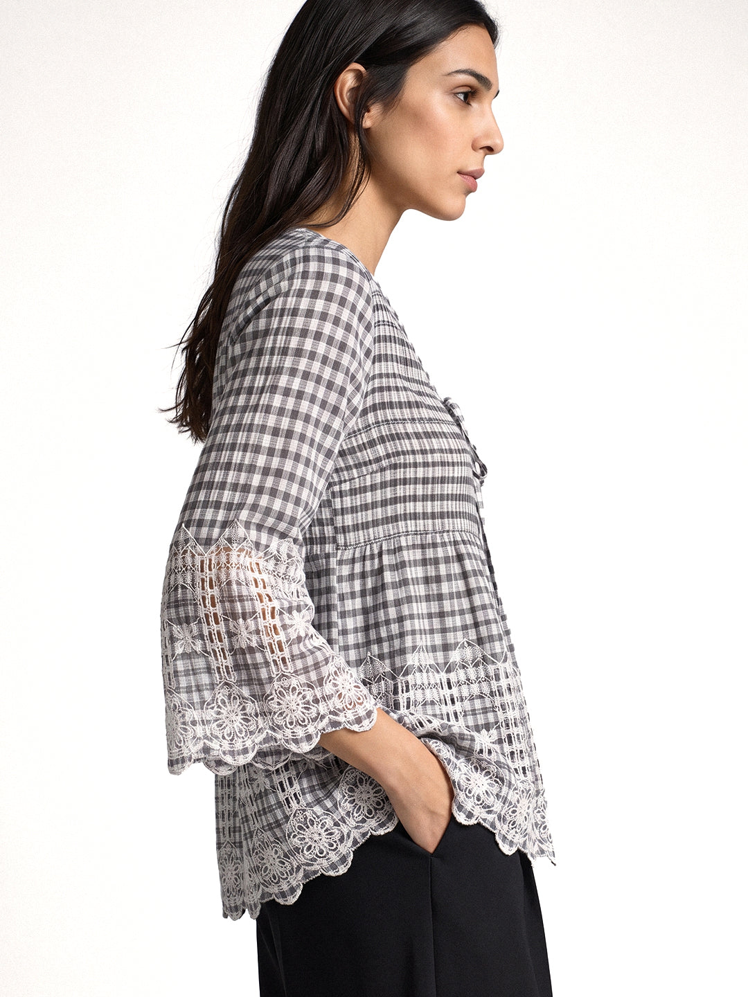 Checked Lace Trim Tie Top