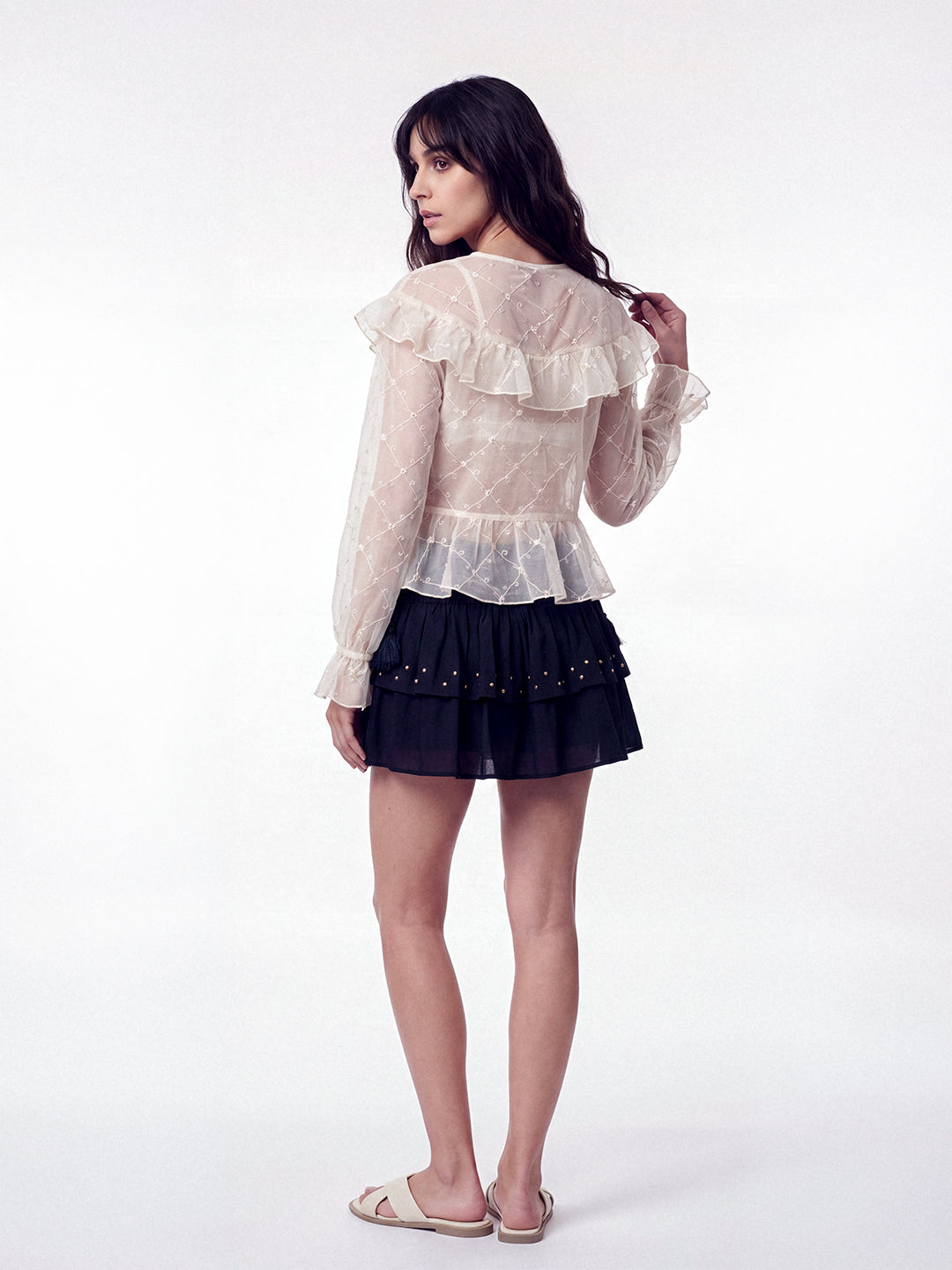 Rosette Embroidered Sheer Blouse