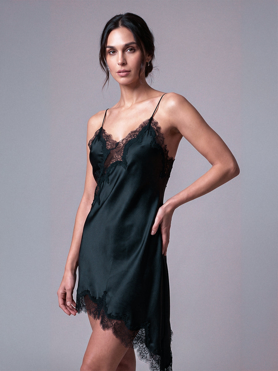 Asymmetric Lace-Trim Satin Slip Dress