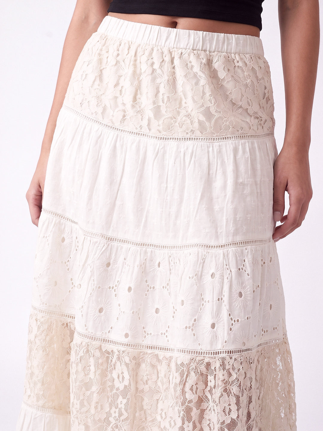 Vintage Cream Lace Tiered Maxi Skirt