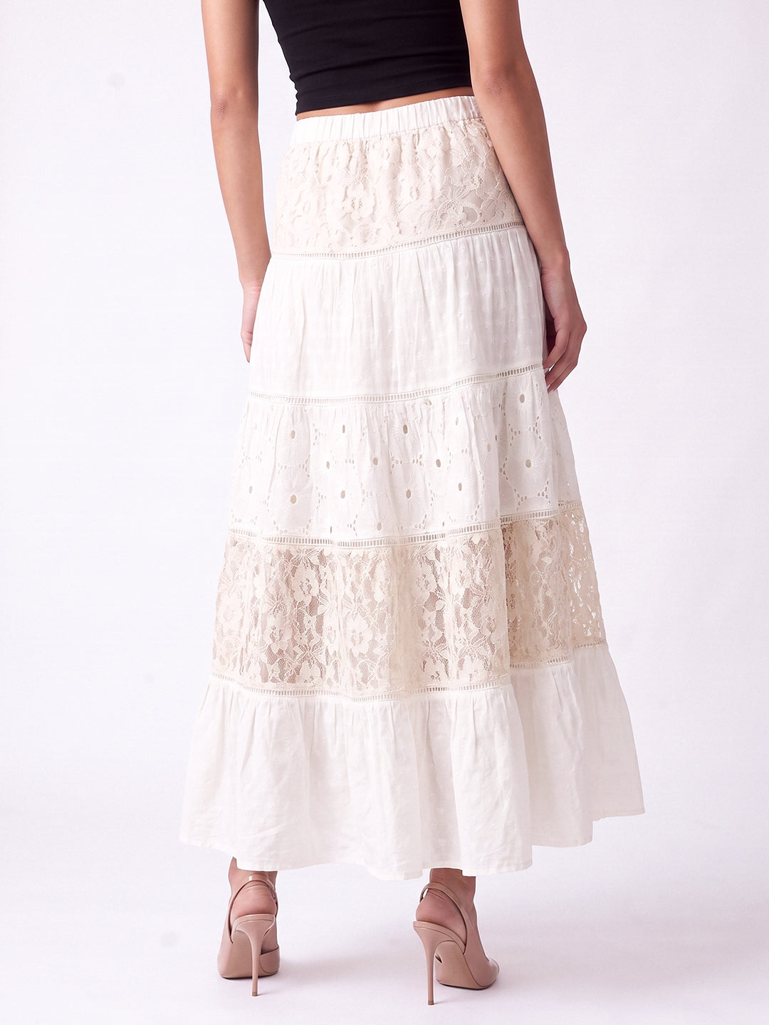 Vintage Cream Lace Tiered Maxi Skirt