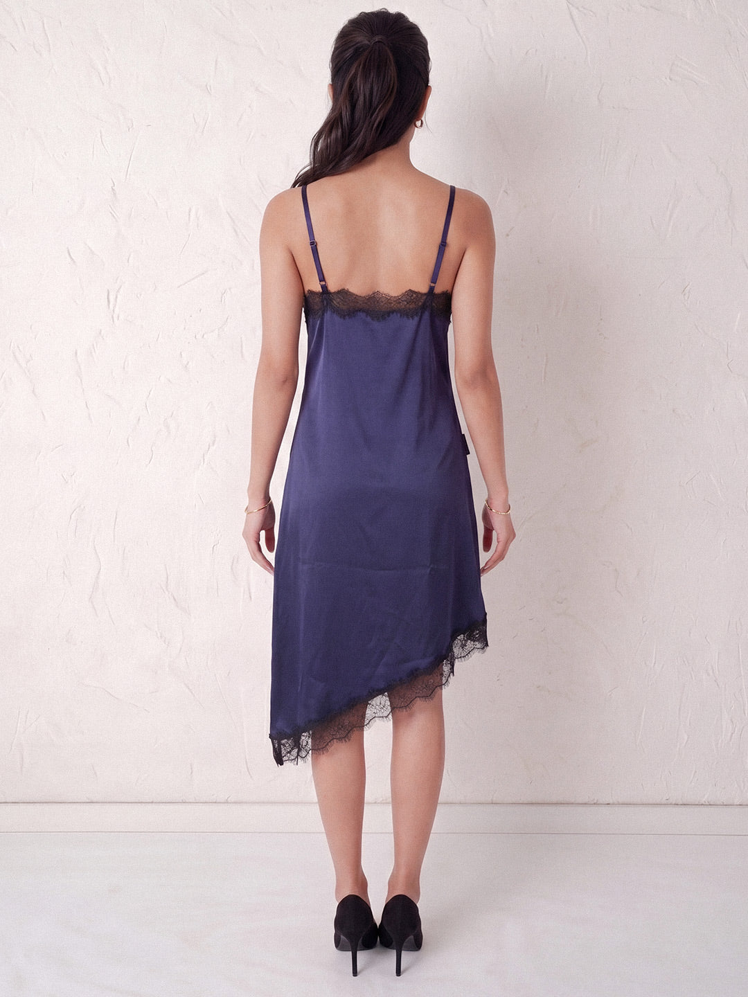 Asymmetric Lace-Trim Satin Slip Dress (Dark Navy)