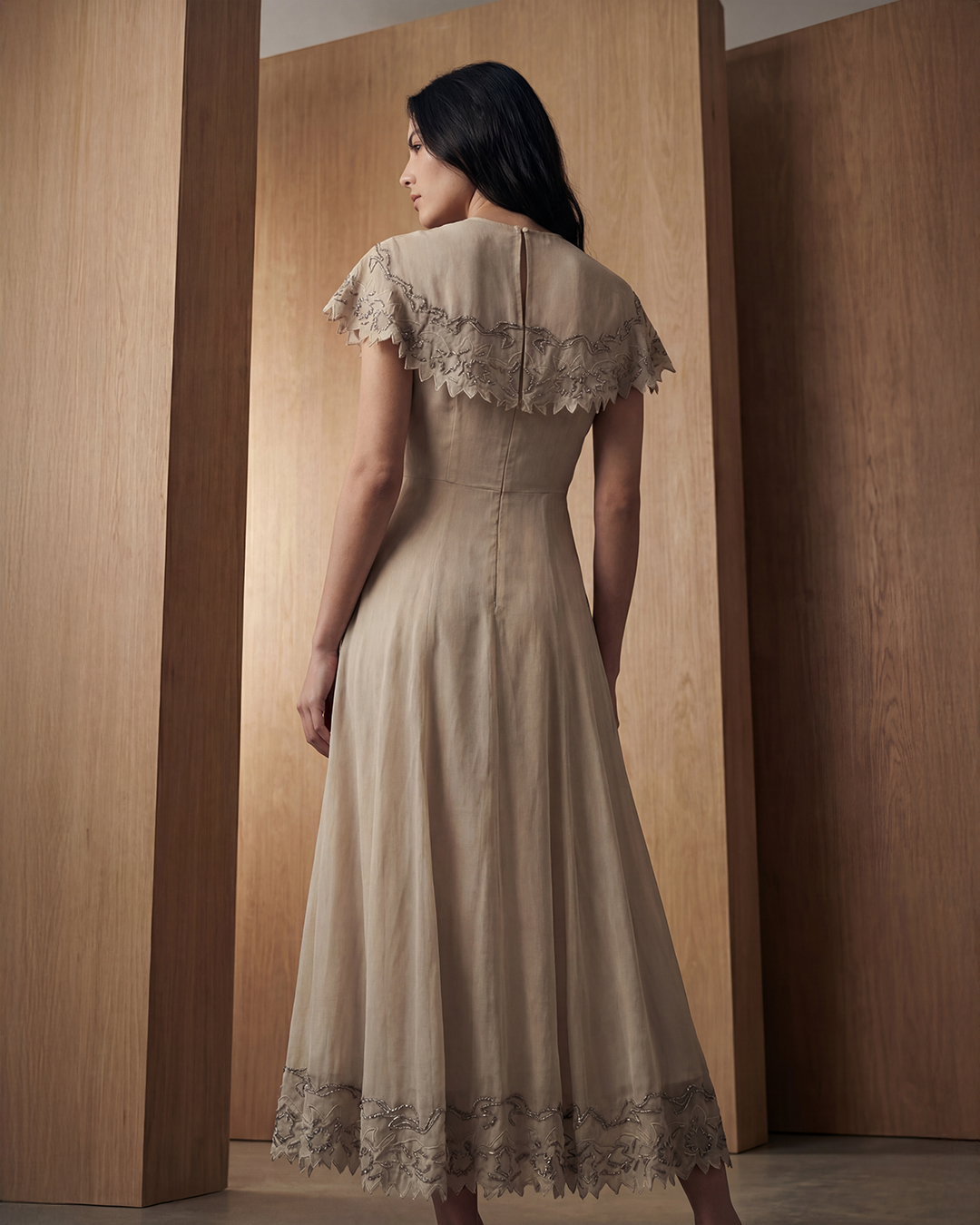 Scalloped Petal Taupe Midi