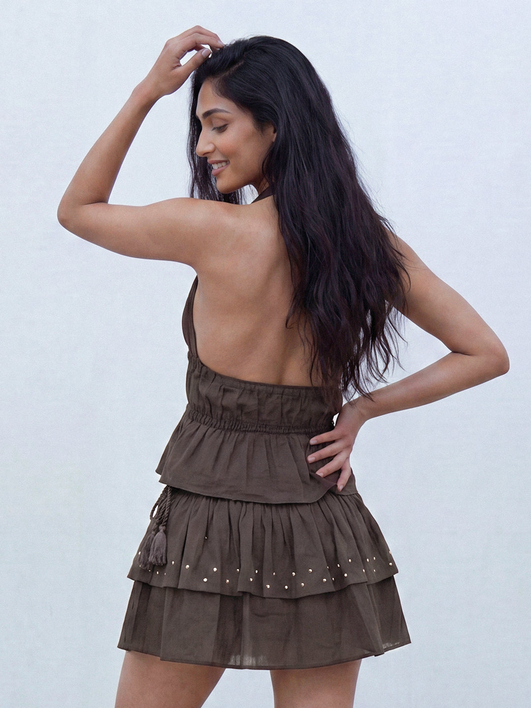 Noir Studded Ruffle Blouse (Brown)