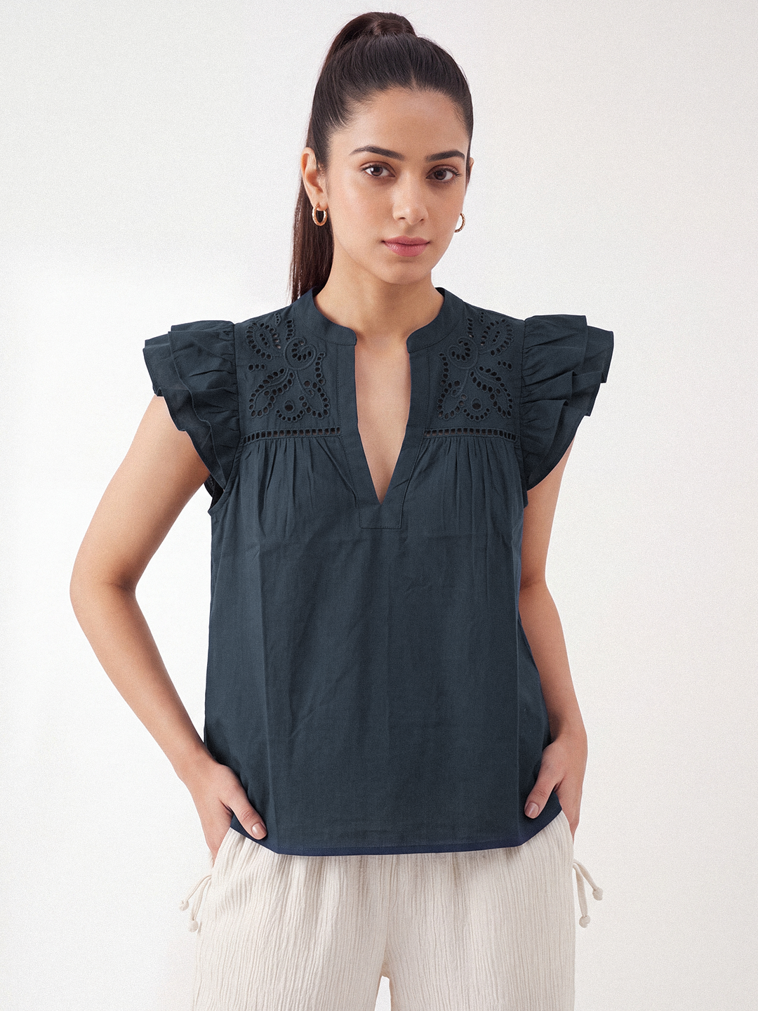 Schiffli Flutter Sleeve Top (Blue)