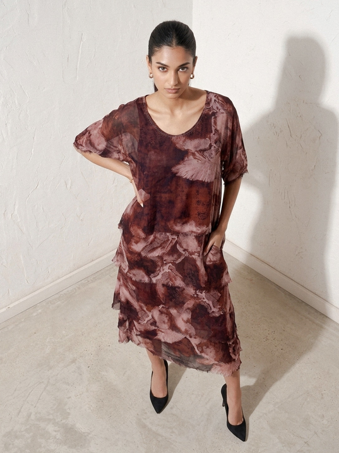 Textured Print Midi Dress