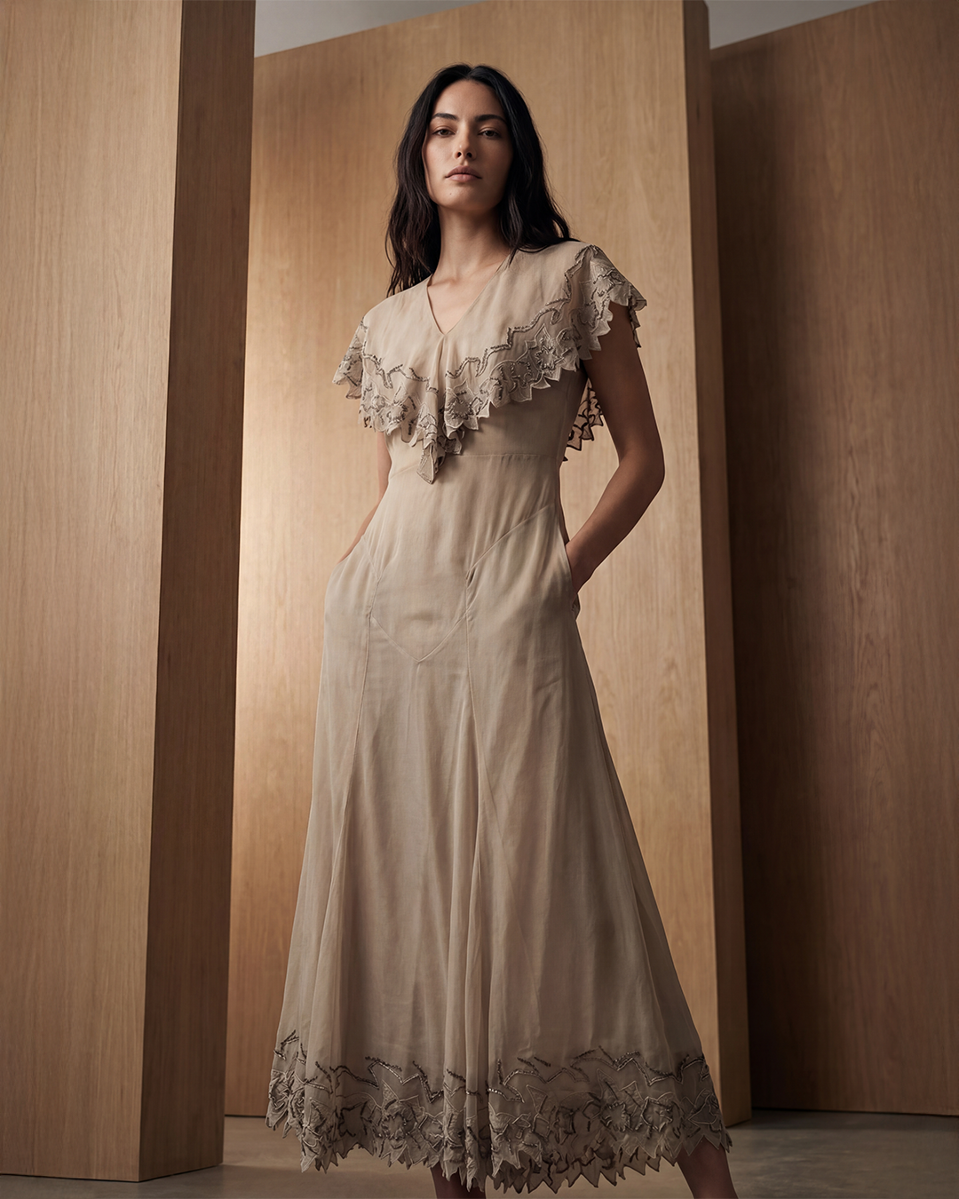 Scalloped Petal Taupe Midi