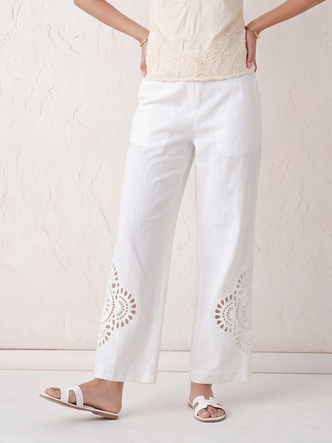 White Embroidered Cotton Pants