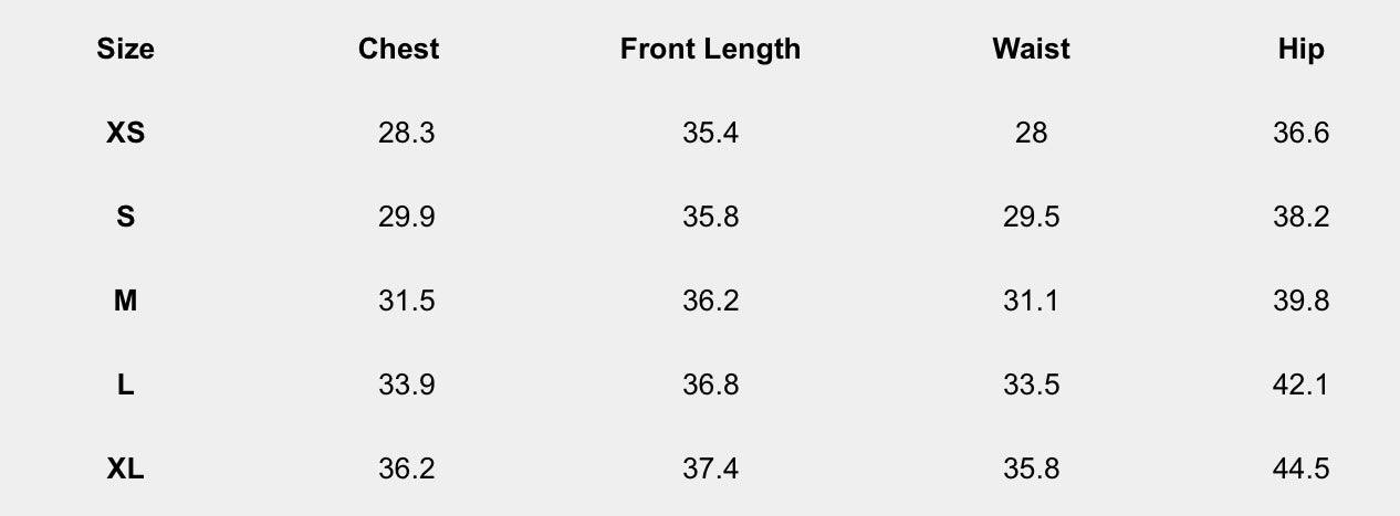 Size chart (inches) for Isabella Rose Chemise