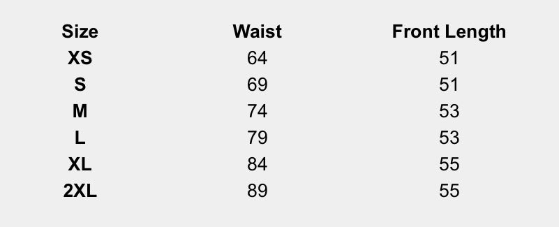 Size chart (centimeters) for Earthy Abstract Skirt