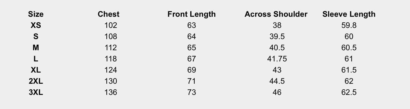 Size chart (centimeters) for Vector Blouse