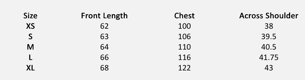 Size chart (centimeters) for Artisan Tunic