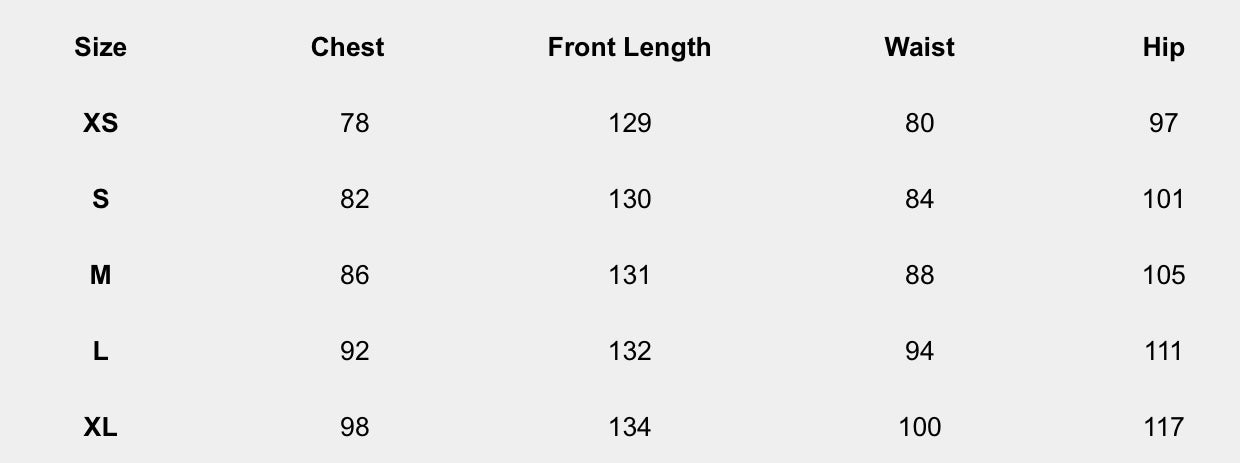Size chart in centimeters for Seraphina Lace-Inlay Slip