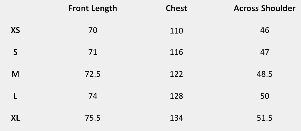 Size chart (centimeters) for Frostline Embellished Shirt (Yellow)