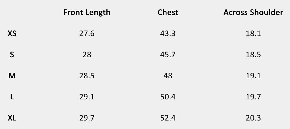 Size chart (inches) for Frostline Embellished Shirt (Yellow)