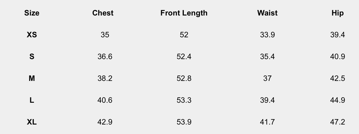 Size chart (inches) for Smoke & Shadow Draped Midi