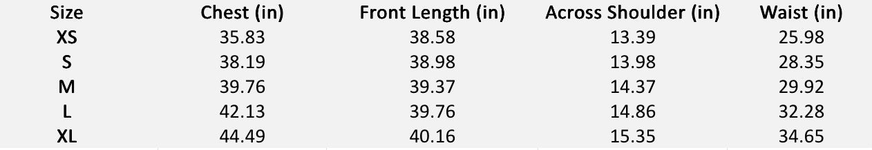 Size chart (inches) for Midnight Grid Tiered Mini