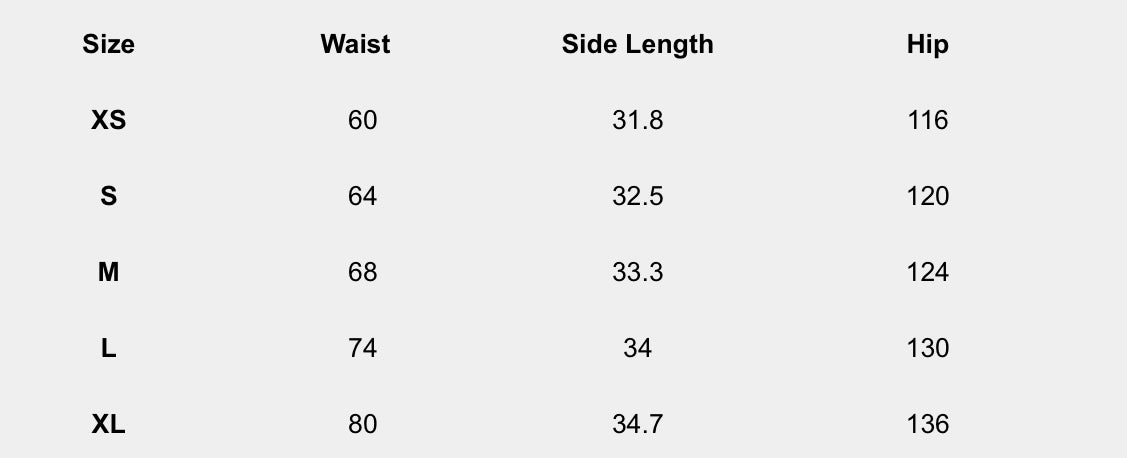 Size chart (centimeters) for Lace-Inlay Tap Shorts