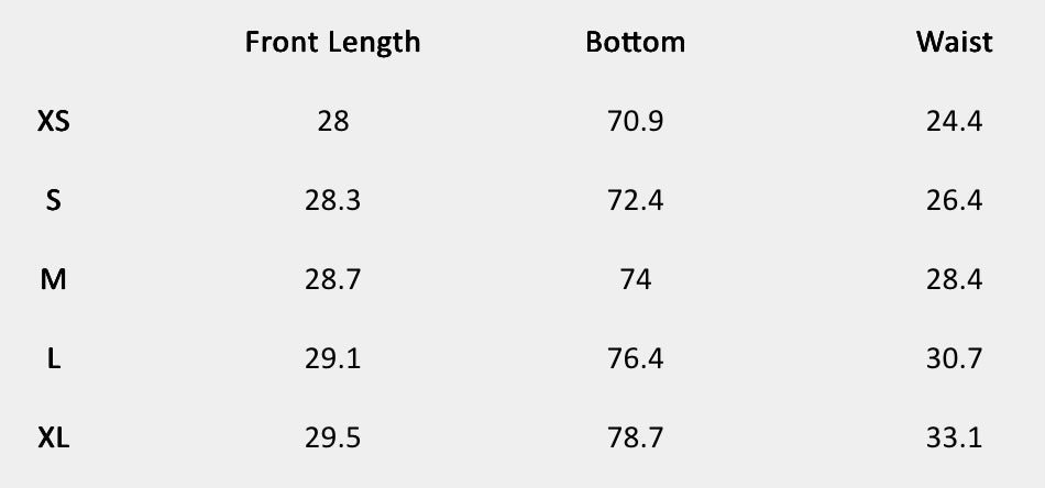 Size chart (inches) for Stripe Bottom Scallop Skirt