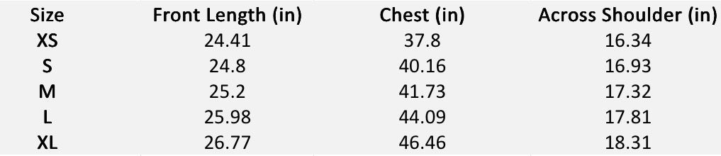 Size chart (inches) for Cloud Pintuck Shell