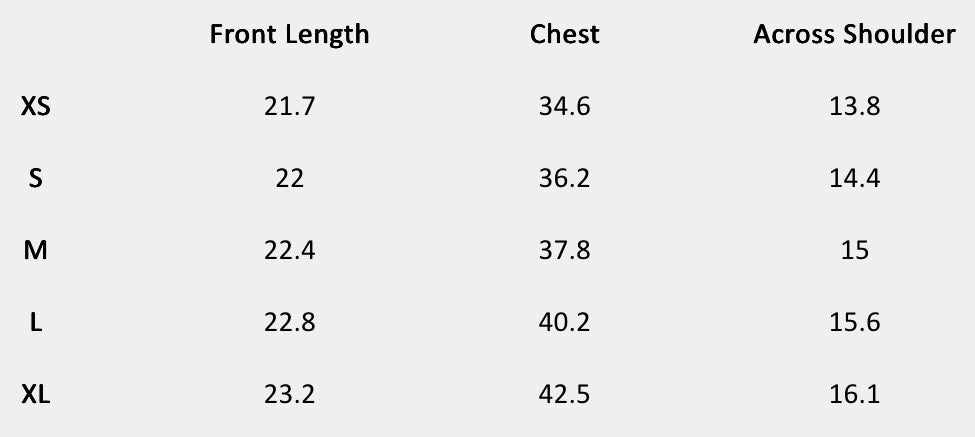 Size chart (inches) for Daisy Lace Inset Shirt