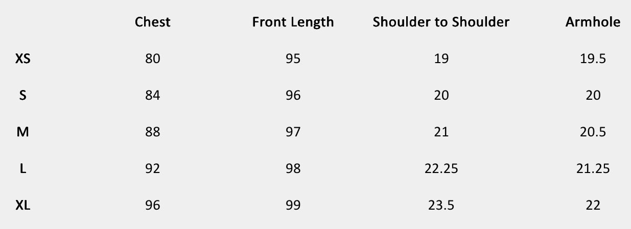 Size chart (centimeters) for Sun-Drenched Ochre Dress