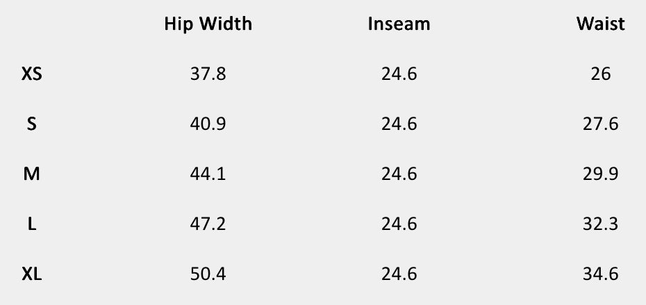 Size chart (inches) for Dune Mist Pant