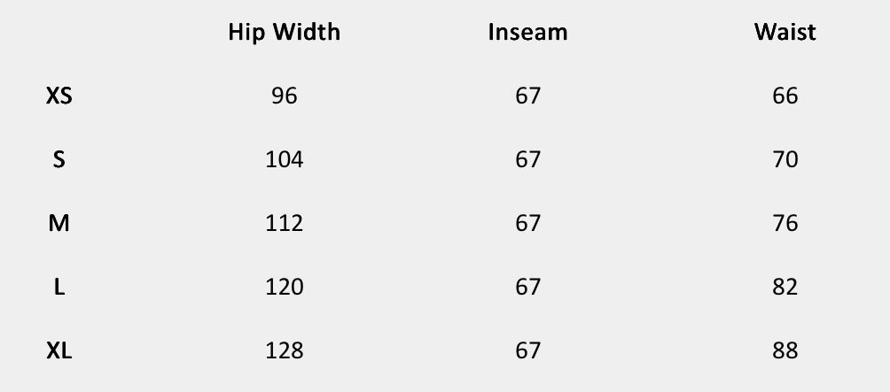 Size chart (centimeters) for Dune Mist Pant