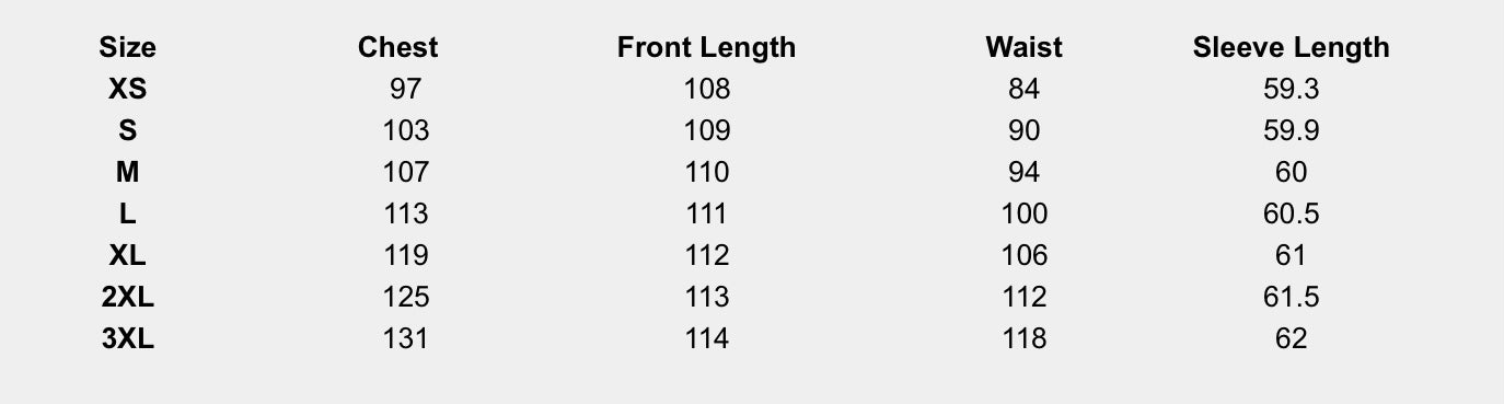 Size chart (centimeters) for Shadow Drape Dress