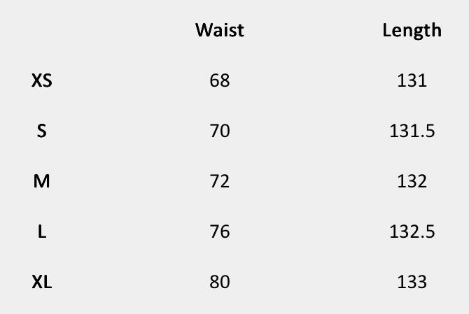 Size chart (centimeters) for Noir Studded Tiered Skirt